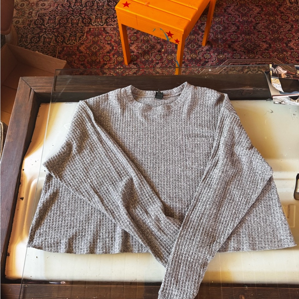 Gray Waffle Knit Long Sleeve Top